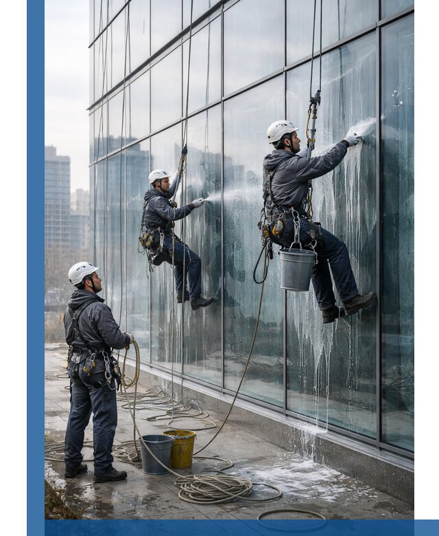 Промышленная мойка панорамных окон на высоте в Копейске