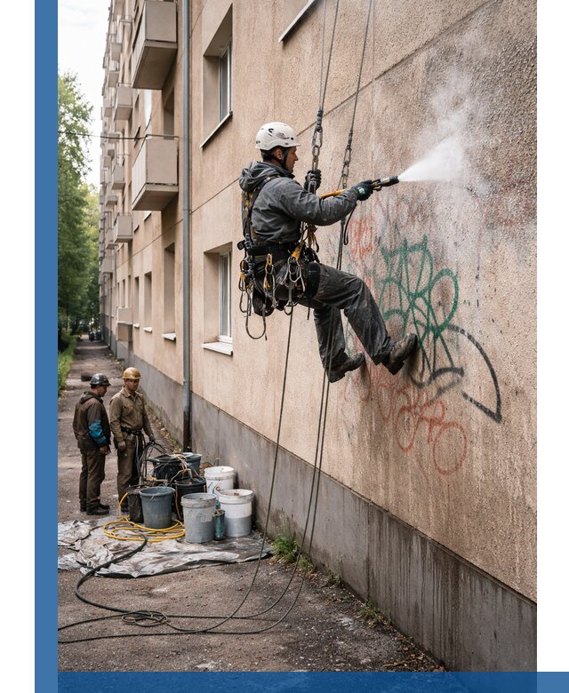 Удаление граффити с фасада в Копейске без следов и повреждений