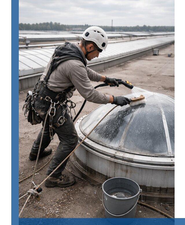 Мойка зенитных фонарей на кровле для промышленных объектов в Копейске