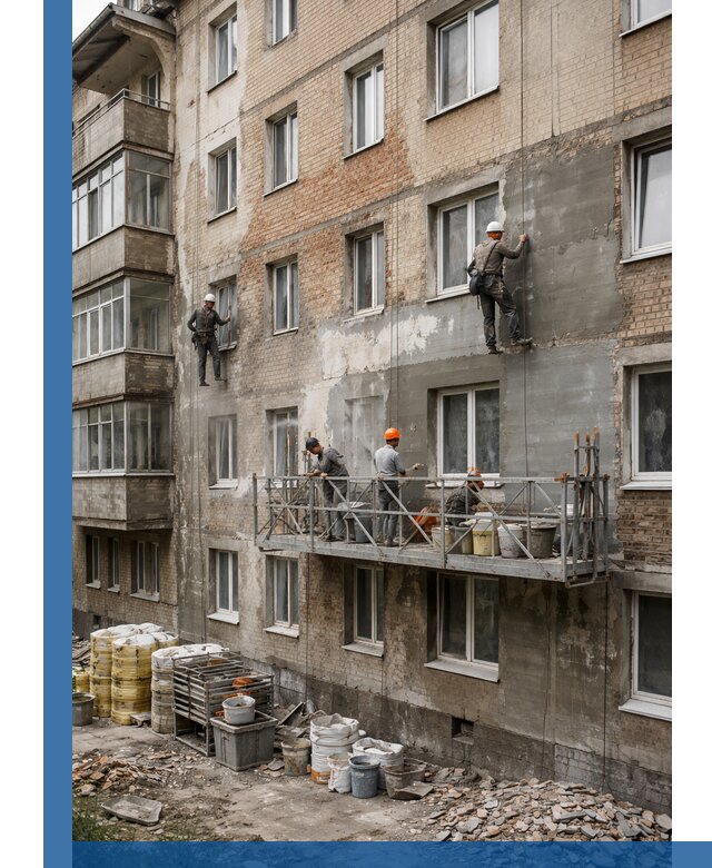 Капитальный ремонт фасада в Копейске с восстановлением и гидроизоляцией