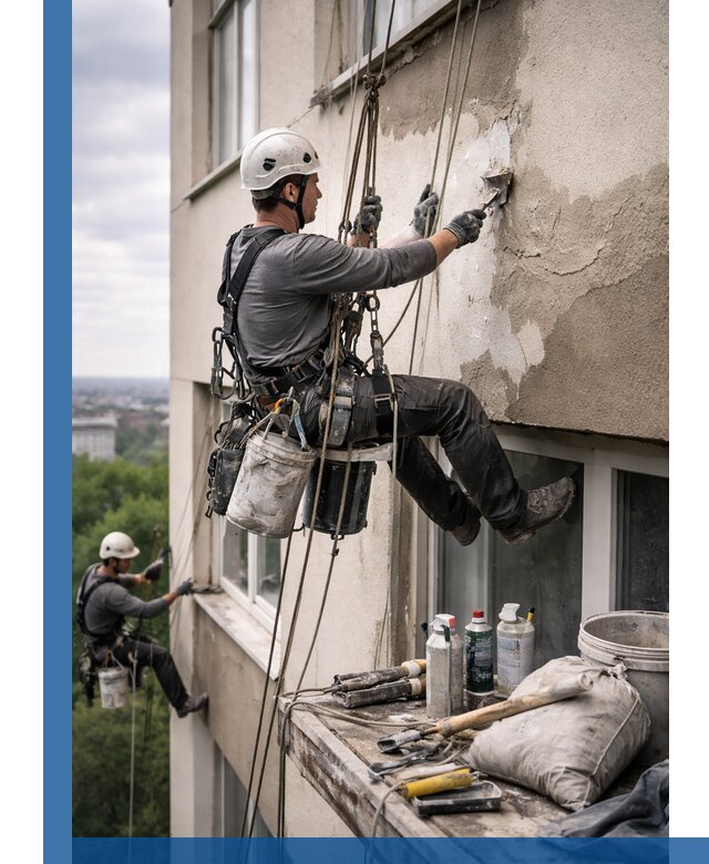 Косметический ремонт фасада зданий в Копейске промышленными альпинистами