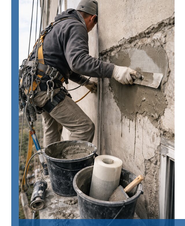 Ремонт бетонных элементов фасада промышленными альпинистами в Копейске