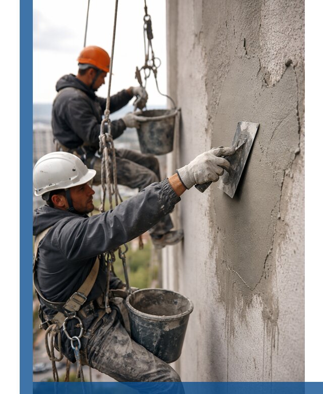 Штукатурка фасада на высоте в Копейске профессиональные работы