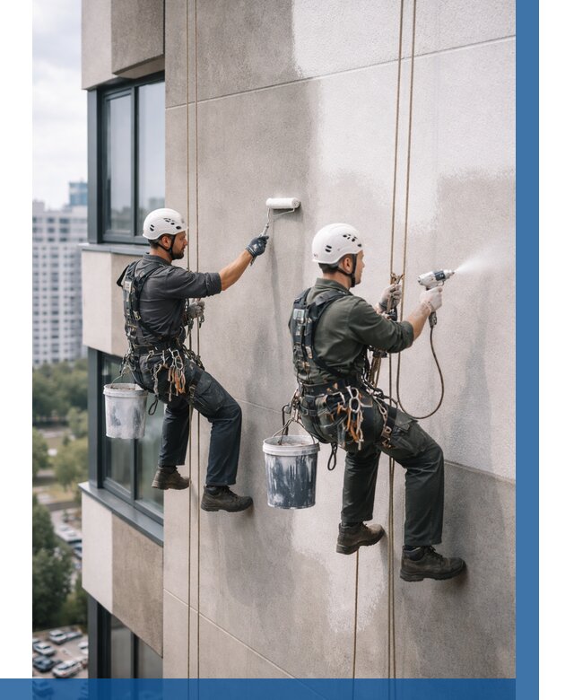 Покраска фасада альпинистами в Копейске от 308 р. | ВЫСОТНИК-Кпс