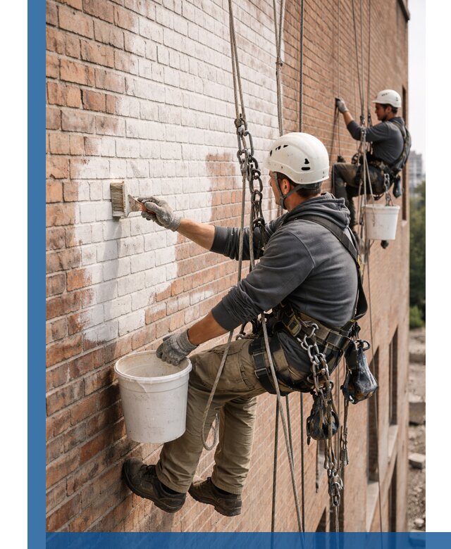 Покраска кирпичного фасада с доступным альпинистским сервисом в Копейске