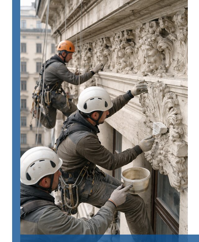 Реставрация фасадной лепнины с высотными работами в Копейске