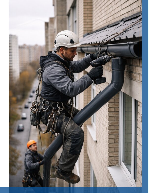 Монтаж водосточной системы на здании в Копейске от 5132 р. | ВЫСОТНИК-Кпс