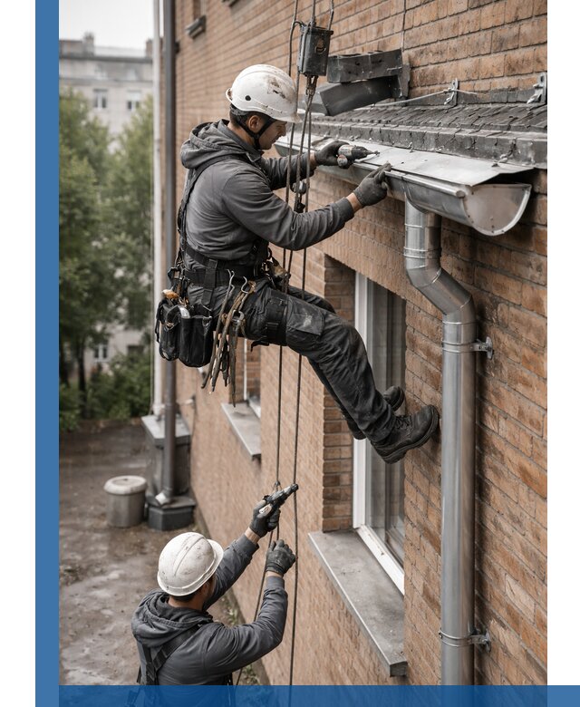 Монтаж водосточной системы на здании в Копейске под ключ