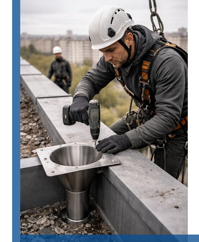 Монтаж водосточных воронок в Копейске для промышленных зданий