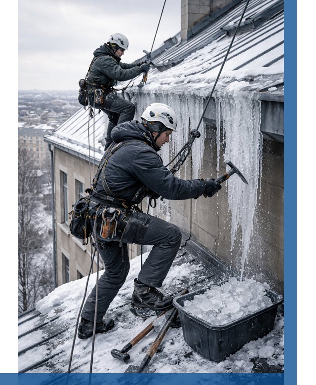 Удаление наледи с кровли в Копейске от 5645 р. | ВЫСОТНИК-Кпс