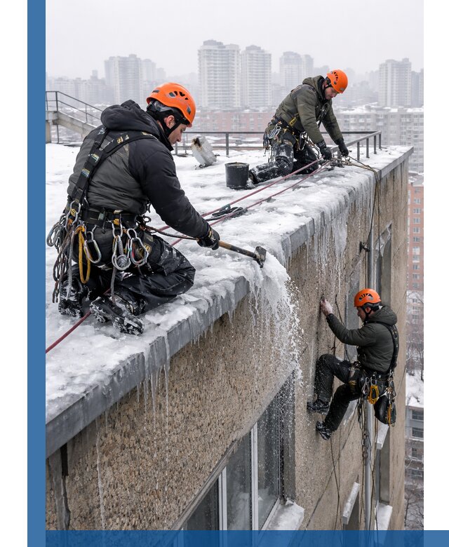 Удаление наледи с кровли в Копейске промышленными альпинистами