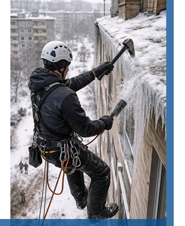 Сбивание сосулек с крыши в Копейске по цене от 4618 р. | ВЫСОТНИК-Кпс