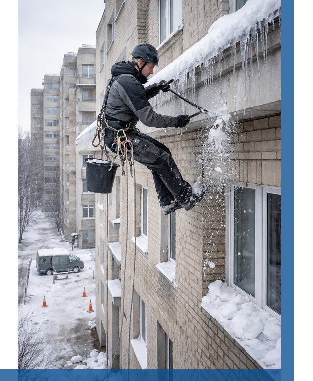 Удаление наледи с карнизов в Копейске от 359 р. | ВЫСОТНИК-Кпс