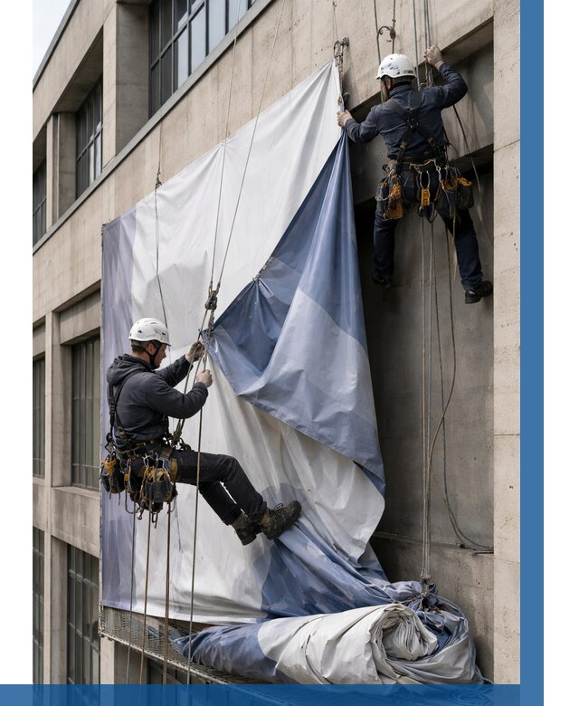 Демонтаж баннеров с фасада в Копейске от 4618 р. | ВЫСОТНИК-Кпс