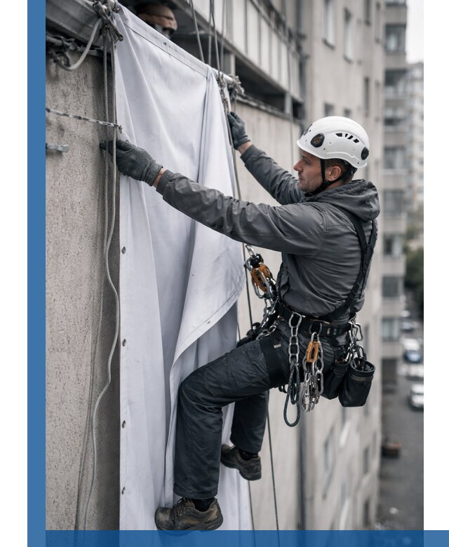 Замена баннерного полотна промышленными альпинистами в Копейске
