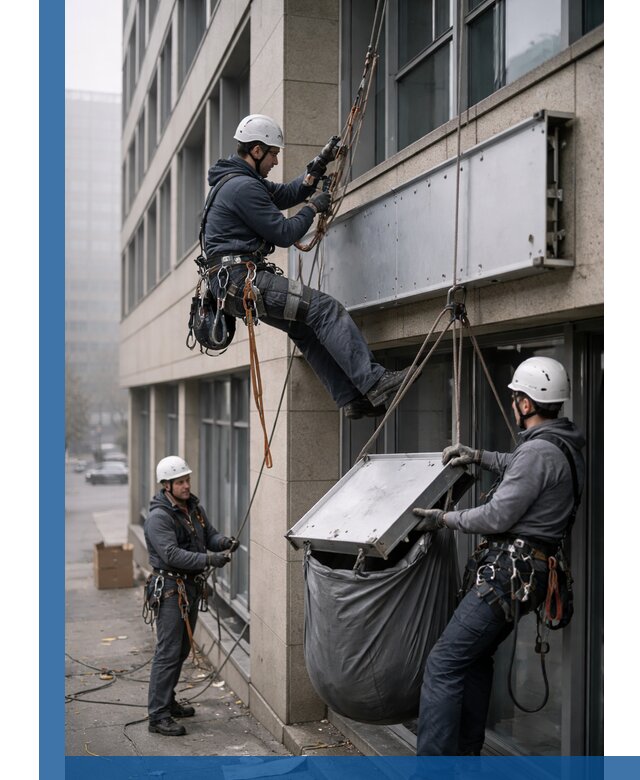 Демонтаж рекламной вывески с высотными работами в Копейске