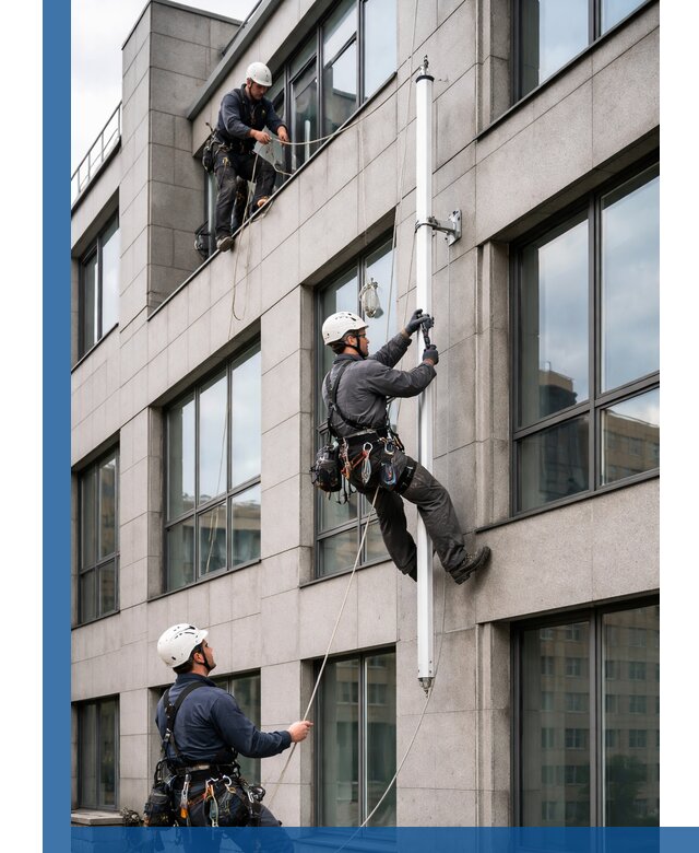 Монтаж флагштока на фасаде здания с креплением и герметикой в Копейске
