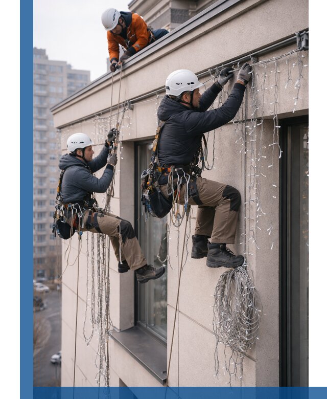 Монтаж праздничных гирлянд на фасаде в Копейске для зданий