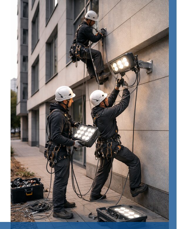 Монтаж прожекторов на фасаде в Копейске от 7697 р. | ВЫСОТНИК-Кпс