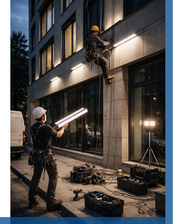 Монтаж архитектурной подсветки здания в Копейске от 2566 р.|ВЫСОТНИК-Кпс