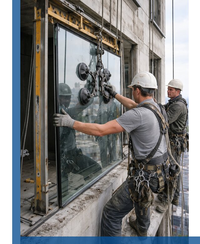 Монтаж стеклопакетов на высоте в Копейске с промышленным альпинизмом