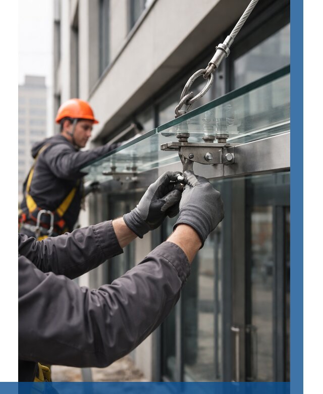 Монтаж стеклянных козырьков в Копейске от 8724 р. | ВЫСОТНИК-Кпс