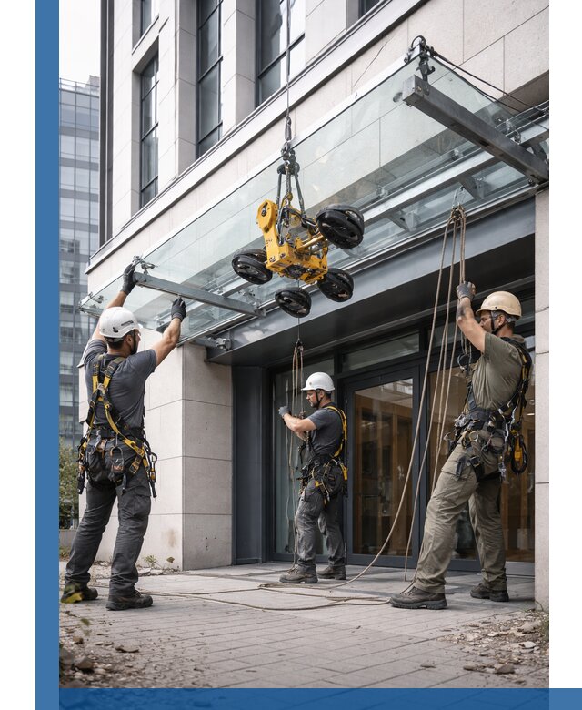 Монтаж стеклянных козырьков под ключ в Копейске для зданий