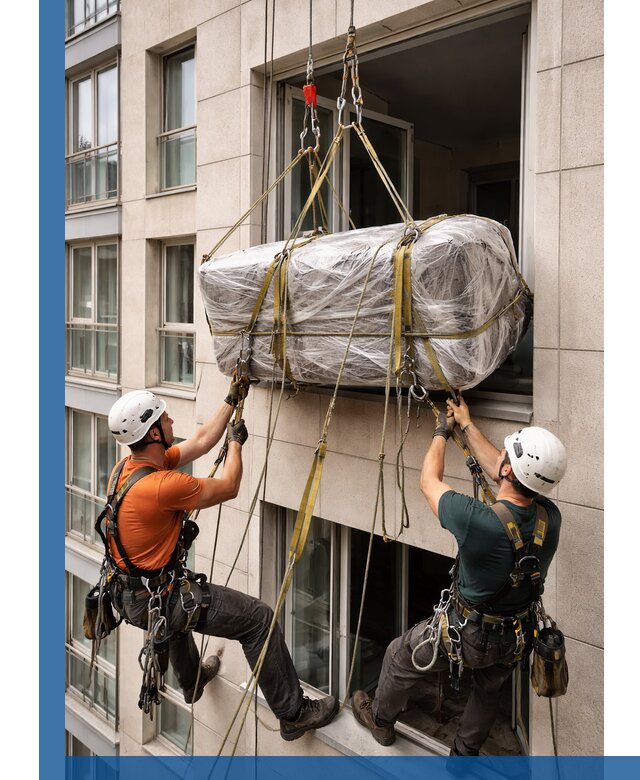 Подъем грузов через окно в Копейске промышленными альпинистами