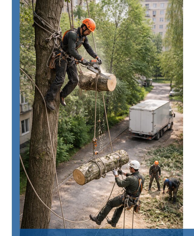 Спил деревьев альпинистами в Копейске, безопасно и без повреждений