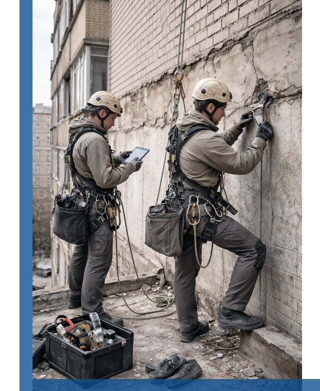 Обследование фасада промышленными альпинистами в Копейске